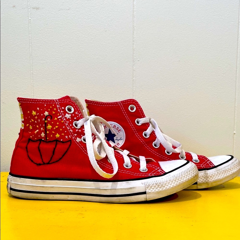Gently Used Embroidered Red Converse High-Tops
